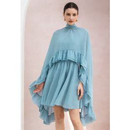 Tie-Neck Ruffled Hi-Lo Chiffon Cape and Mini Dress Set in Blue for Red Carpet Events & Luxury Dinners | Chicwish
