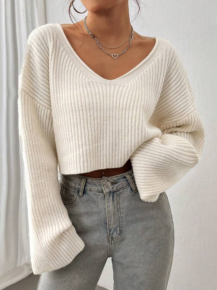 Flirla Solid Drop Shoulder Crop Ribbed Knit Sweater,Long Sleeve Tops | SHEIN