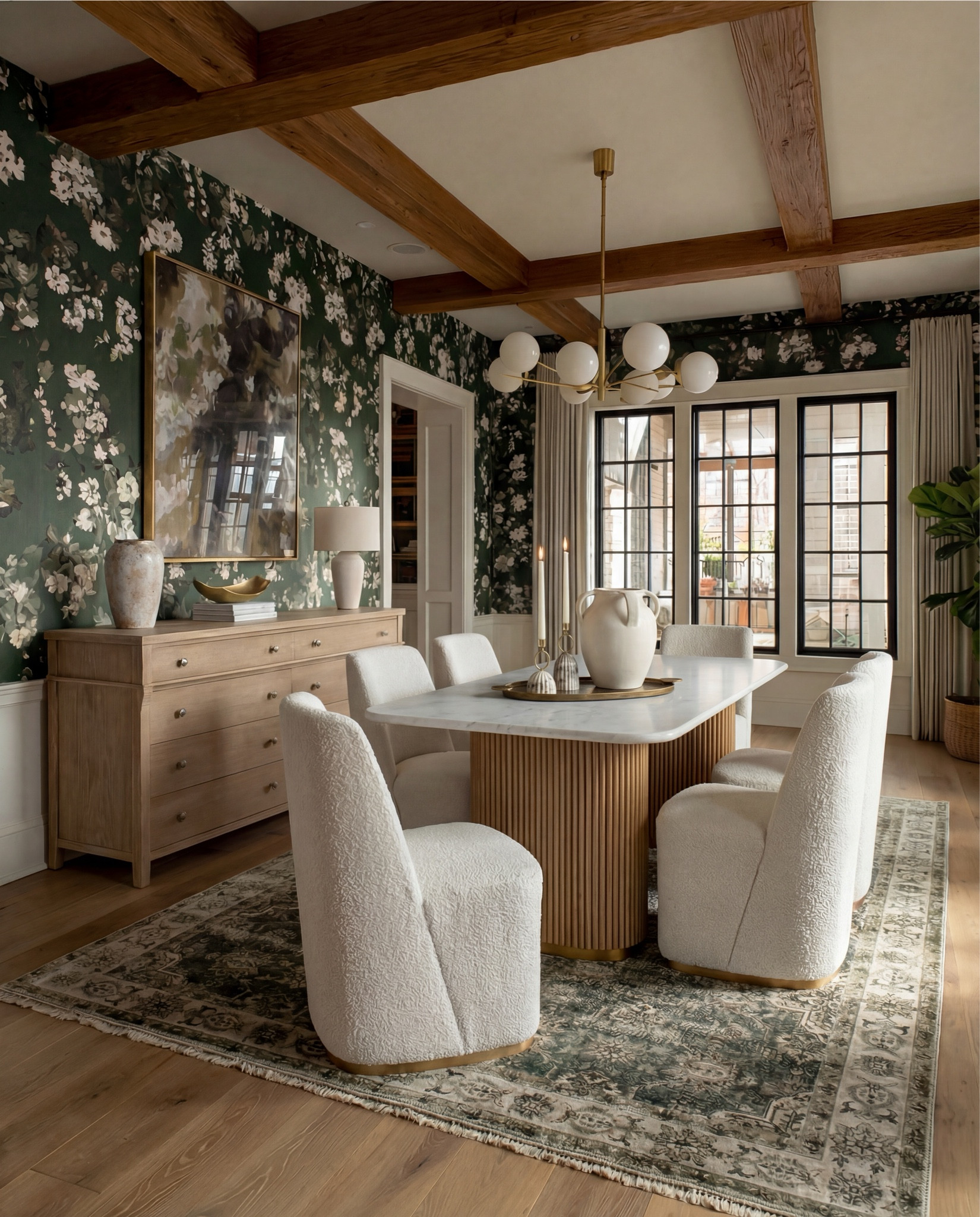 This dining room is giving moody, romantic, and effortlessly elevated. The deep green floral wallpaper instantly transforms the space, it’s bold but still totally timeless, and it makes every piece in the room feel richer. The wood ceiling beams tie everything together with that warm, organic texture I’m always obsessed with, and the black-lined windows add the perfect modern contrast.

The marble-top dining table is the star of the show… clean, sculptural, and grounded by that gorgeous fluted base. And these boucle chairs? They’re basically a hug. Soft, cozy, and luxe without trying too hard. I love how the vintage-style rug pulls in all the greens and neutrals from the wallpaper and furniture. It’s layered, collected, and feels so inviting.

Shop the Look:
• Deep green floral wallpaper
• Marble-top dining table with fluted wood base
• Curved boucle dining chairs with brass base detail
• Light oak 6-drawer sideboard
• Matte white ceramic table lamp
• Oversized floral art in a brass frame
• Textured stone + ivory ceramic vases
• Sculptural brass decorative bowl
• Modern brass + globe chandelier
• Green vintage-style rug with cream + sage tones

#LTKCyberWeek #LTKHome #LTKSaleAlert
