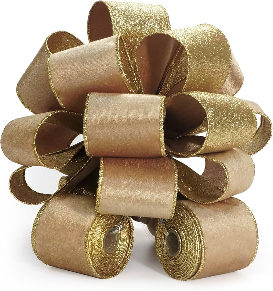 Christmas Tree Topper Bow - Bow: 11" sq. - Tails: 3 Yards Long Each - Velvet Glitter Champange | Amazon (US)
