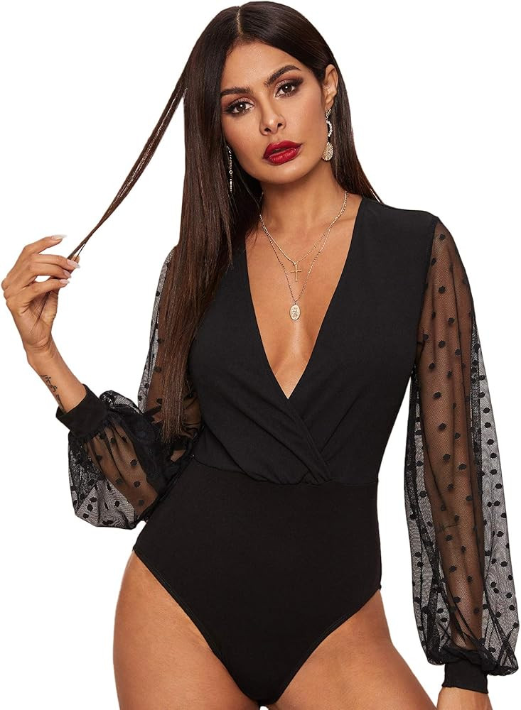 Romwe Women's Sexy Deep V Neck Mesh Long Sleeve Polka Dots High Waist Bodysuit | Amazon (US)