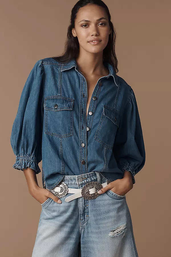 Pilcro Balloon-Sleeve Denim Buttondown Top | Anthropologie (US)