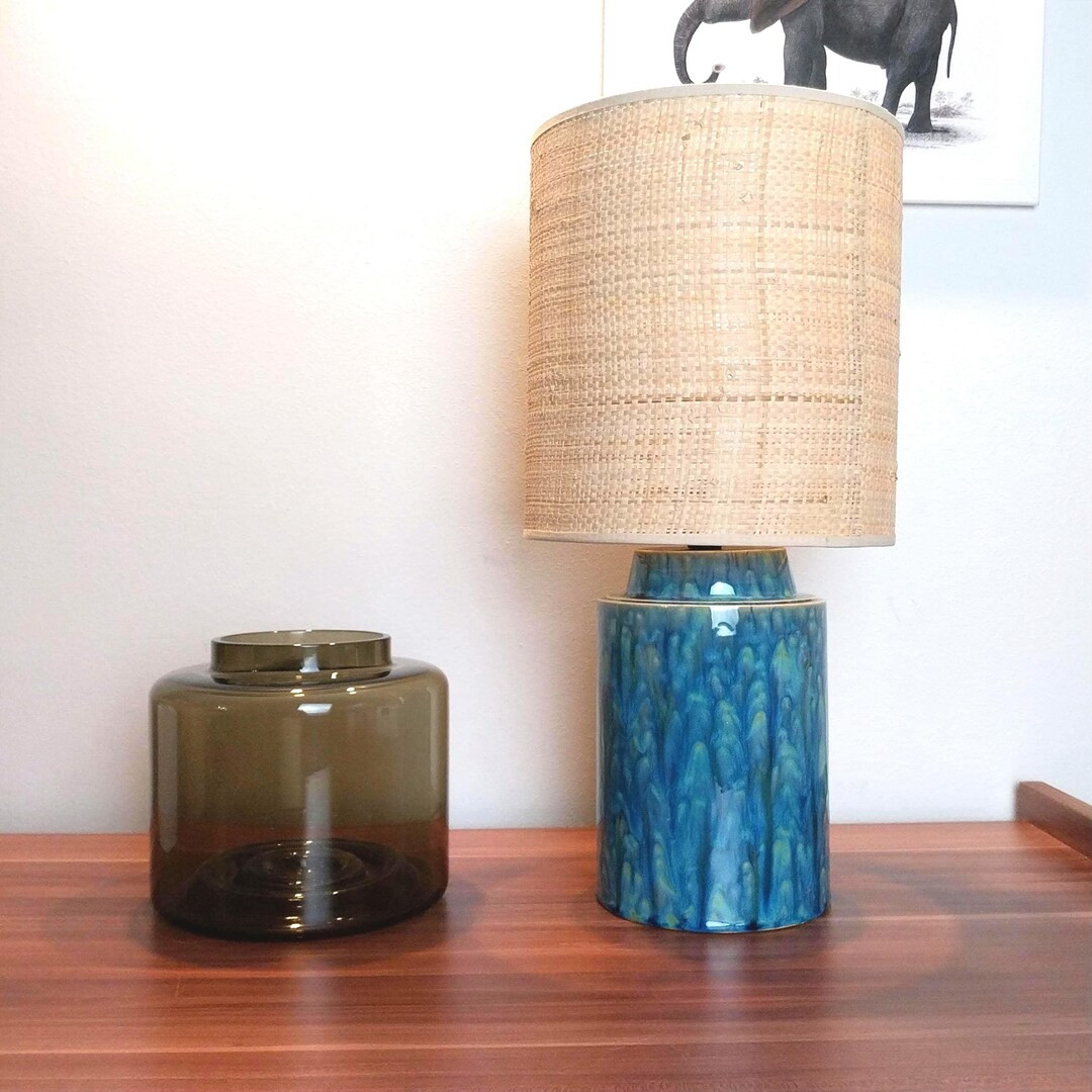 Handglazed Crystalline Ceramic Lamp With Raffia Shade - Etsy | Etsy (US)