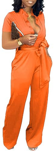 Yiershu Orange Jumpsuits for Women Dressy Casual Sexy V Neck Pants Romper Short Sleeve Pants Romper with Belt Pockets(Orange,XXXL) | Amazon (US)