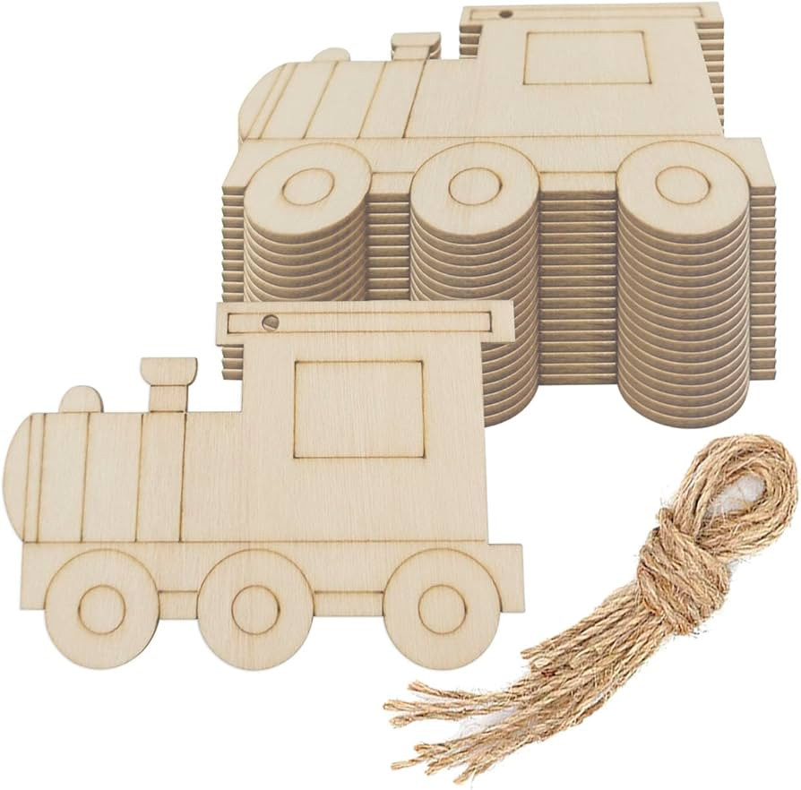 20pcs Train Wood DIY Crafts Cutouts Blank Wooden Train Shaped Hanging Ornaments with Jute Twines ... | Amazon (US)