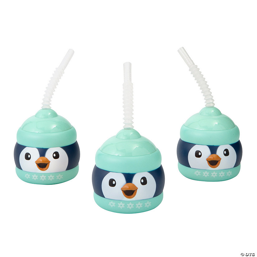 3 3/4" 14 oz. Winter Penguin Party Plastic Cups with Lids & Straws - 12 Ct. | Oriental Trading Company