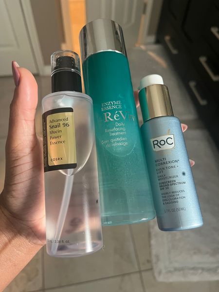 My skincare favorites!! These are my top three skincare items in my routine that I love. Snail mucin for glow and plumpness of skin, the Revive Essence for hydration and glow and the ROC Multi correction sunscreen and moisturizer for even tone. Helps with hyperpigmentation! 

#LTKsalealert #LTKfindsunder100 #LTKbeauty