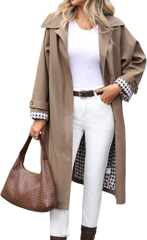 TITOMD Long Trench Coat Single Breasted Check Lining Classic Collar Fall Overcoat Fashion Outerwe... | Amazon (US)