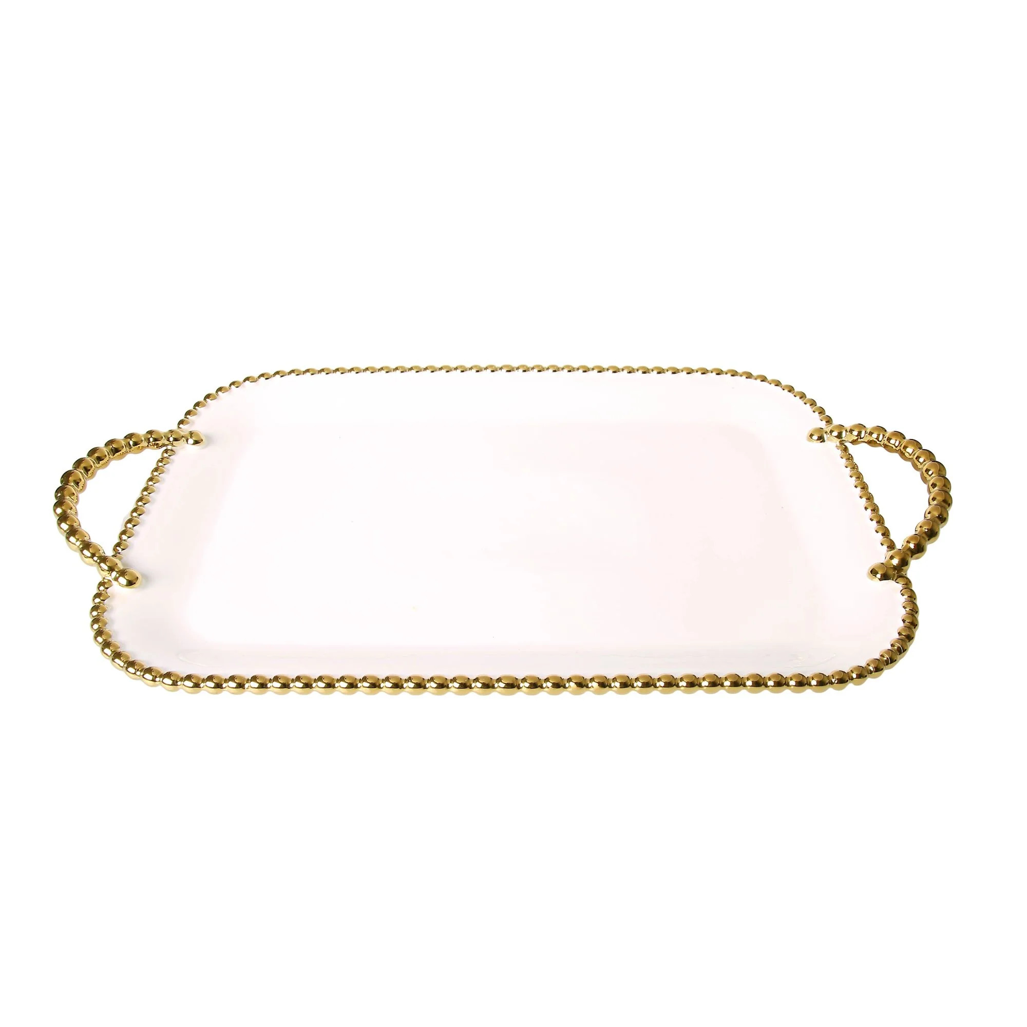 Porcelain White Tray with Gold Beaded Borders and Handles | Sabavi Home