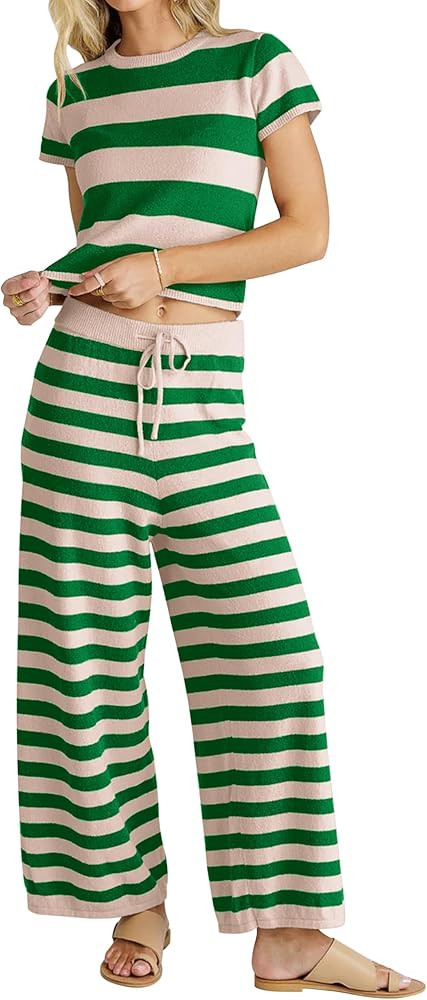 MISSACTIVER Women's Striped Two Piece Sweater Outfits Short Sleeve Pullover Tops and High Waisted... | Amazon (US)