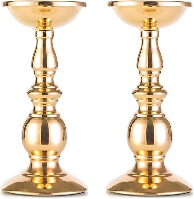 Set of 2 Gold Candlestick Metal Pillar Candle Holders, Flameless Candlestick Holders Stand Center... | Amazon (US)