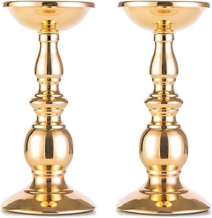 Set of 2 Gold Candlestick Metal Pillar Candle Holders, Flameless Candlestick Holders Stand Center... | Amazon (US)