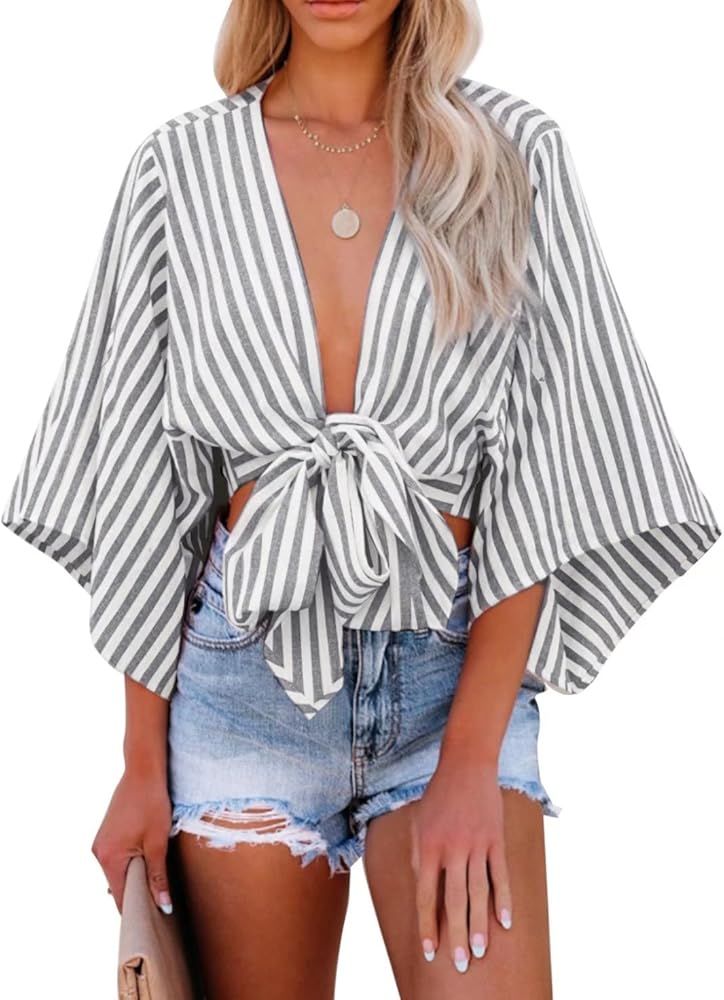 Dokotoo Womens Sexy Casual Striped Tie Knot Front Crop Tops Deep V Neck Chiffon Short Blouse Shirts | Amazon (US)