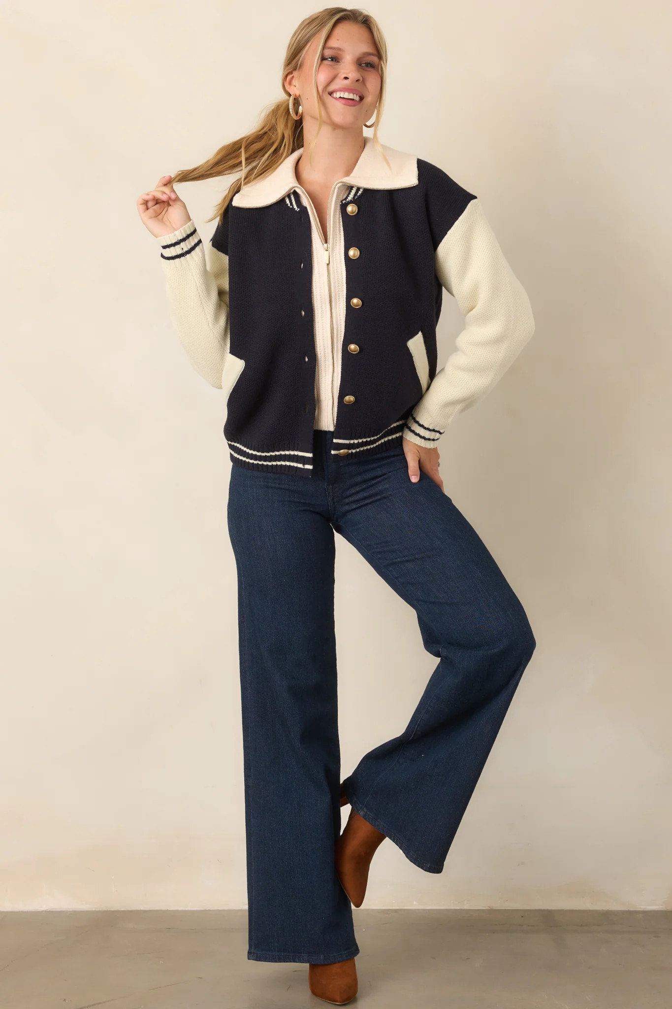 ASTR the Label Grayson Navy Colorblock Varsity Jacket | Red Dress