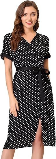 Allegra K Women's Polka Dots V Neck Split Button Decor Belted Summer Dress | Amazon (US)
