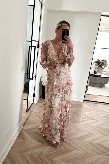 This dress!😍 3D florals- love the detailing. Great option for any formal event. STUNNING. I did my TTS but it was tight in chest area- maybe size up for larger busts. 

Formal dress. Long sleeve dress. Formal gown. Wedding guest dress.

#LTKSeasonal #LTKStyleTip #LTKParties