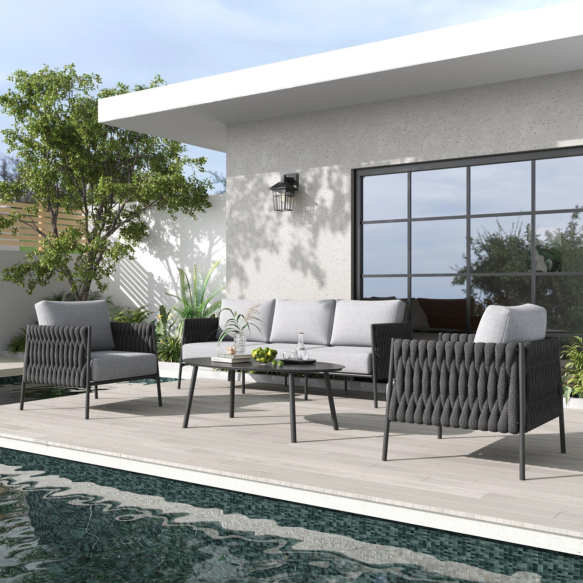 4 Piece Outdoor Furniture Set with Coffee Table, Modern Rope Woven Patio Conversation Sofa Set wi... | Wayfair North America