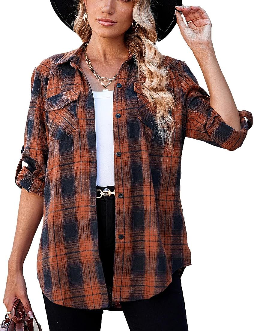 Zeagoo Womens Button Down Flannel Shirts Plaid Shacket Casual Long Sleeve Collared Shirt Work Tops | Amazon (US)
