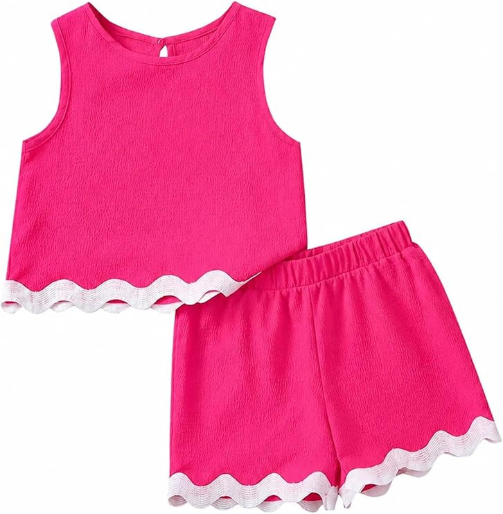 Girls 2 Piece Summer Outfit, Sleeveless Scallop Tank Top and Shorts Set, Toddler Little Girls Bea... | Amazon (US)