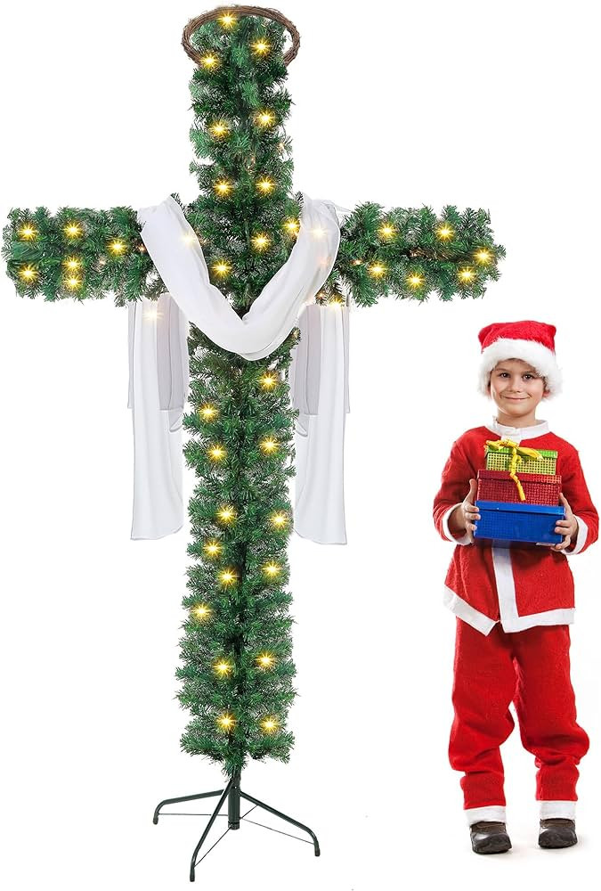 Leyndo 5ft Cross Christmas Tree with Lights, Prelit Artificial Skinny Pencil Christmas Xmas Tree ... | Amazon (US)