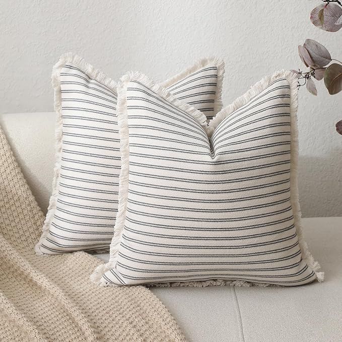 Kiuree Throw Pillow Covers 20x20 Set of 2 Striped Pillow Covers with Fringe Chic Cotton Decorativ... | Amazon (US)