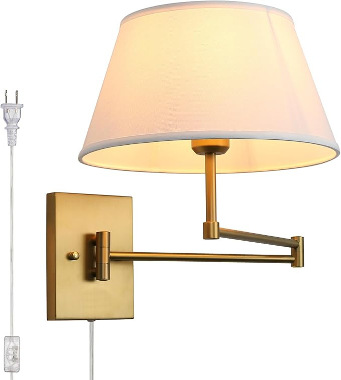 Vintage Plug-in Cord Wall Sconce with White Fabric Shade, Indoor Swing Arm Wall Mounted Lamp with... | Amazon (US)