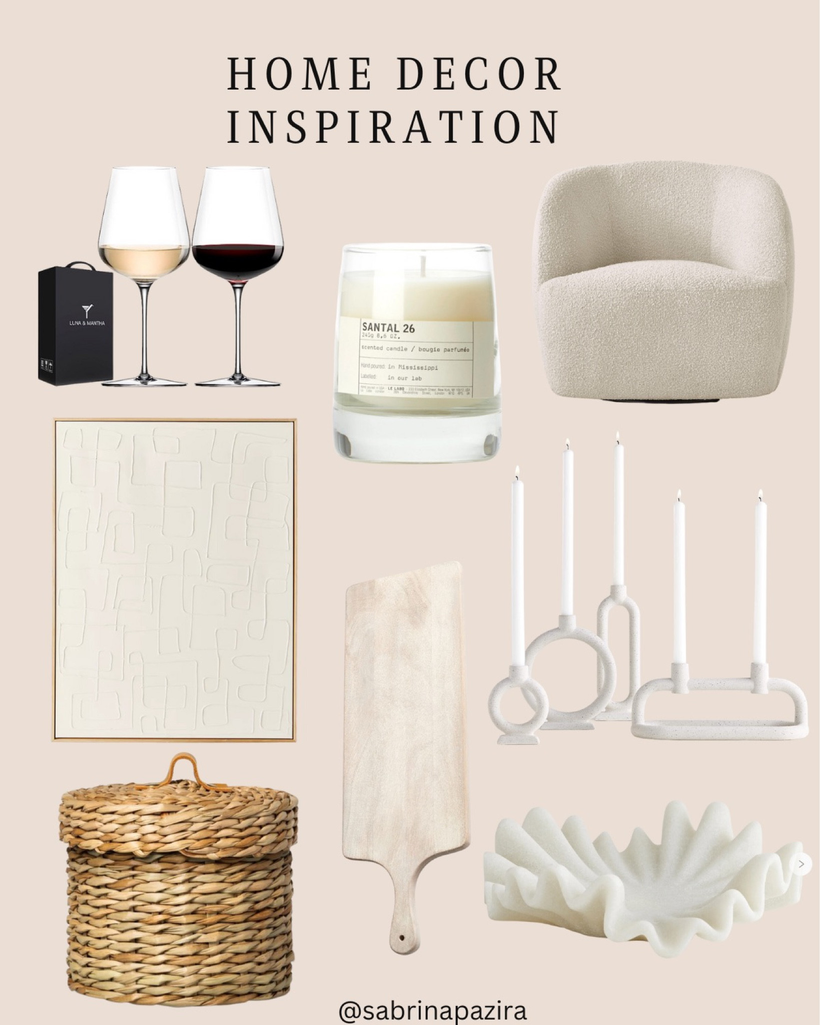 Home decor inspiration, neutral, wine glasses, candle, Boucle chair, candlesticks, painting, wall art, wooden serving board, wicker basket, bowl 

#LTKunder100 #LTKSeasonal #LTKhome