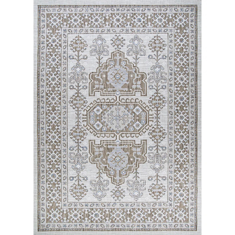 Hanlin Floral Flatweave Ivory Light Brown Sand Indoor Outdoor Area Rug | Wayfair North America