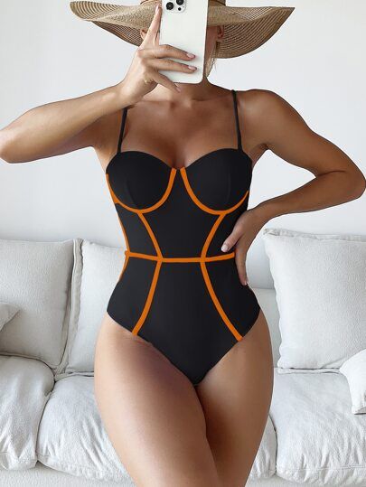 Contrast Binding Underwire Push Up One Piece Swimsuit | SHEIN