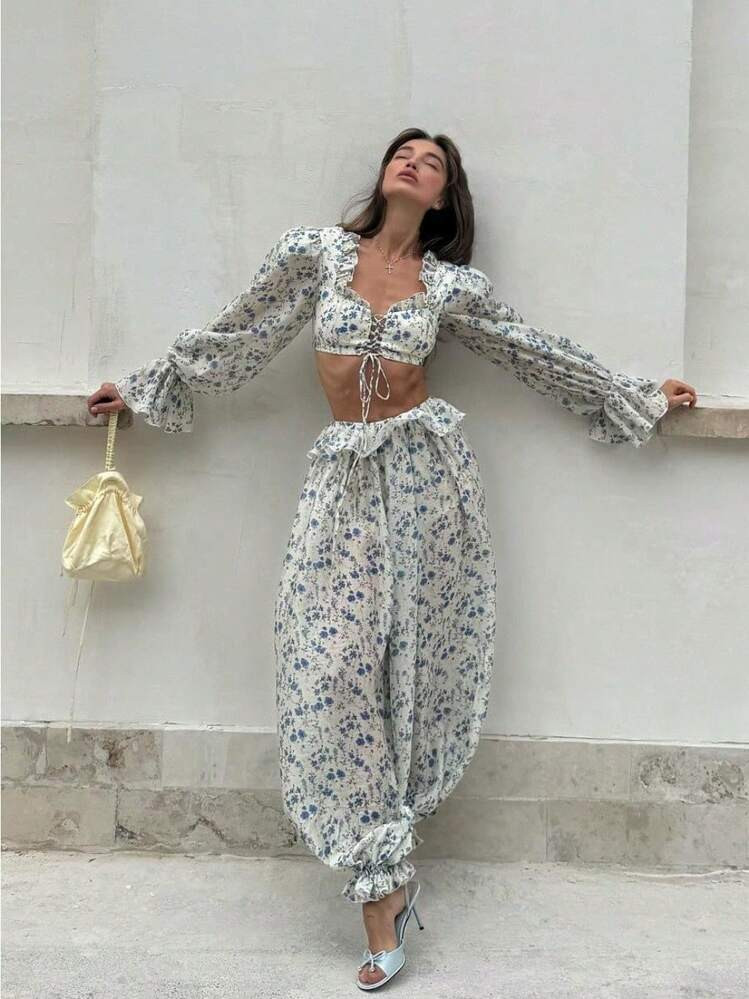 French Gentle Wind Lotus Leaf Edge Floral Pants Set Flared Sleeve Lace Long Sleeve Short Top Elastic Waist Lantern Pants | SHEIN