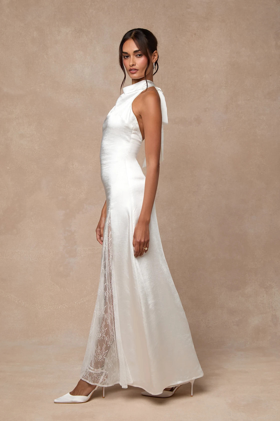 Concetta Ivory Satin Lace Halter Maxi Dress | Lulus