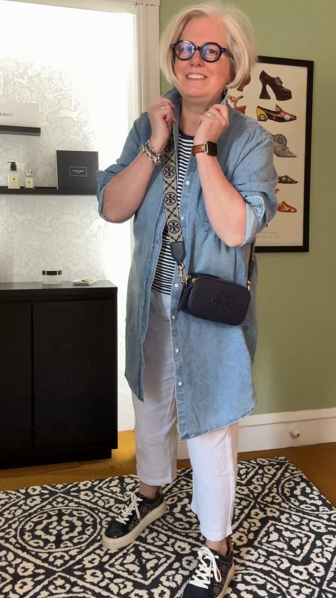 Early spring outfit! I broke out my white linen pants and paired them with a striped shirt, a long denim shirt dress worn open, and my favorite navy sneakers and coordinating crossbody bag. It was perfect for a day of shopping at the mall and then dinner with an old college roommate. Do you like it with or without the red sweater over my shoulders? 

 

#LTKSeasonal #LTKOver40 #LTKMidsize