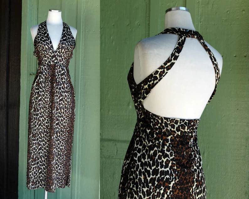 1970s Leopard Print Open Back Maxi Dress // 70s Tan Brown Black Leopard Print Long Halter Dress | Etsy (Global)