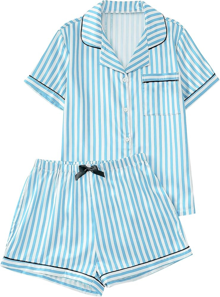Remidoo Women's Silk Satin Pajama Set Striped Button Up Pjs Short Sleeve Loungewear | Amazon (US)