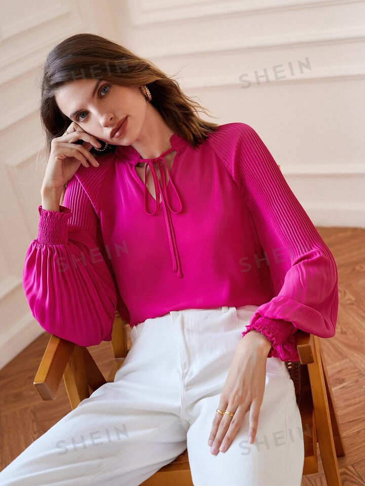 SHEIN Frenchy Frill Trim Tie Neck Pleated Blouse | SHEIN