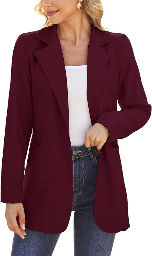 Women Open Front Blazers Long Sleeve Casual OL Office Slim Buttonless Suit Jacket with Pockets | Amazon (US)