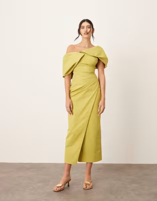 ARRANGE bardot pleat maxi dress with wrap detail in chartreuse | ASOS (Global)