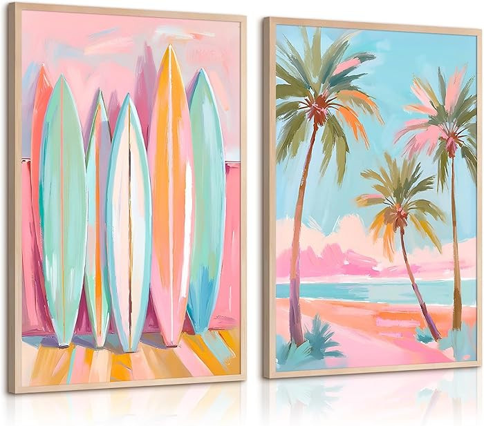 Pink Beach Wall Art Coastal Canvas Pictures Palm Tree Wall Decor Summer Surf Poster Pastel Ocean ... | Amazon (US)