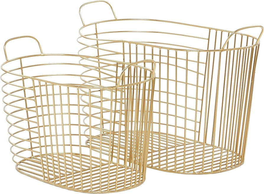 CosmoLiving by Cosmopolitan Metal Round Storage Basket with Handles, Set of 2 20", 17"W, Gold | Amazon (US)