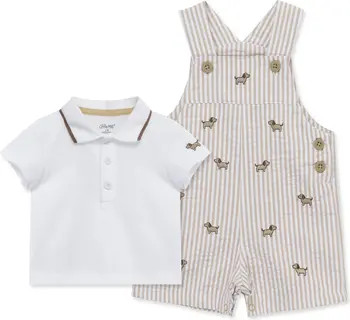 Little Me Puppies Cotton Polo & Seersucker Overalls Set | Nordstrom | Nordstrom