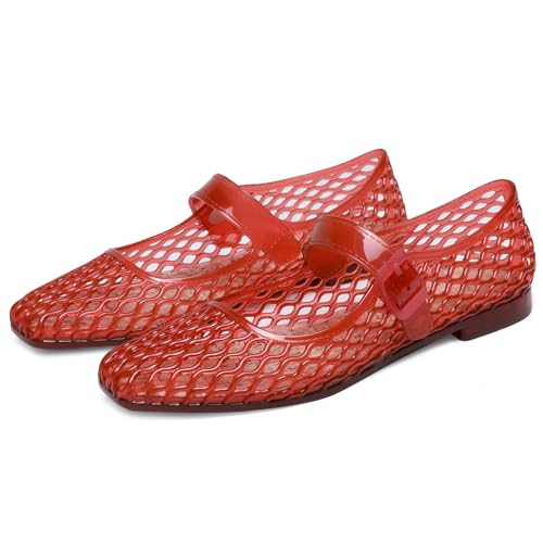 CEFISOP Jelly Flat Shoes for Women Square Toe Mesh Ballet Flats Clear Beach Mary Jane Jellies Comfortbale Ballerina with Buckle Strap Red Size 6.5 | Amazon (US)