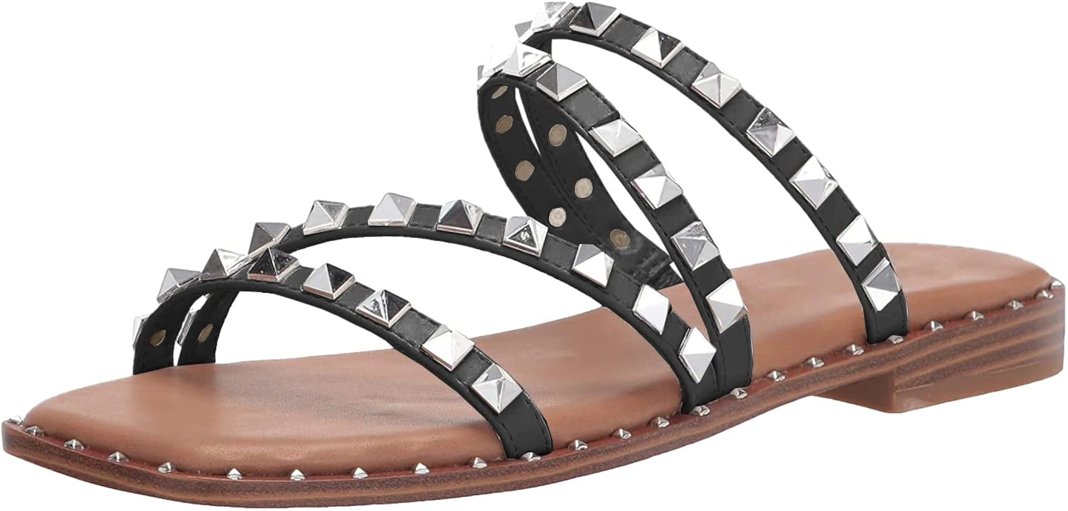 Phopix Womens Studded Slides Sandals Strappy Square Open Toe Rhinestones Flat Sandal | Amazon (US)