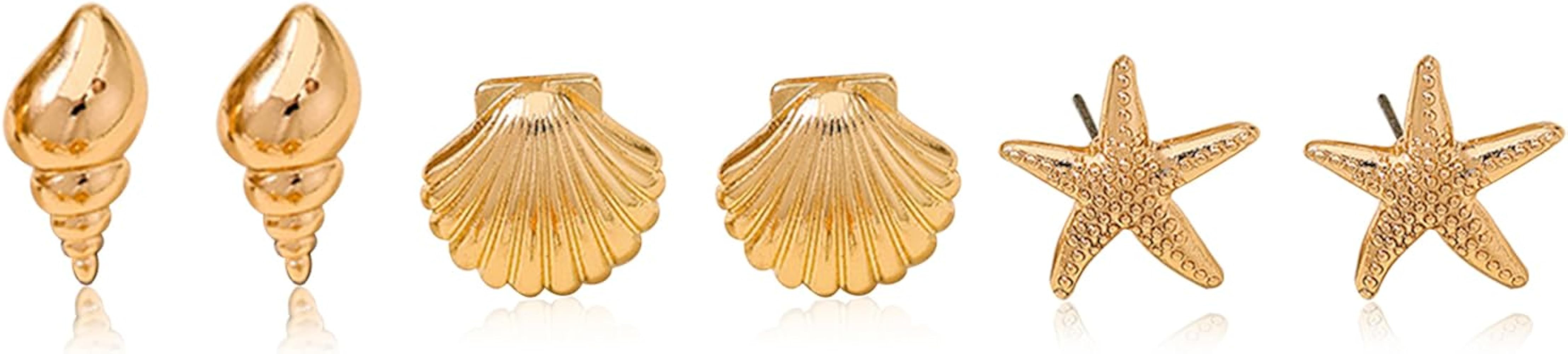 Gold Starfish Shell Earrings for Women Set 3 Pairs Summer Beach Vacation Earrings for Women Ocean... | Amazon (US)