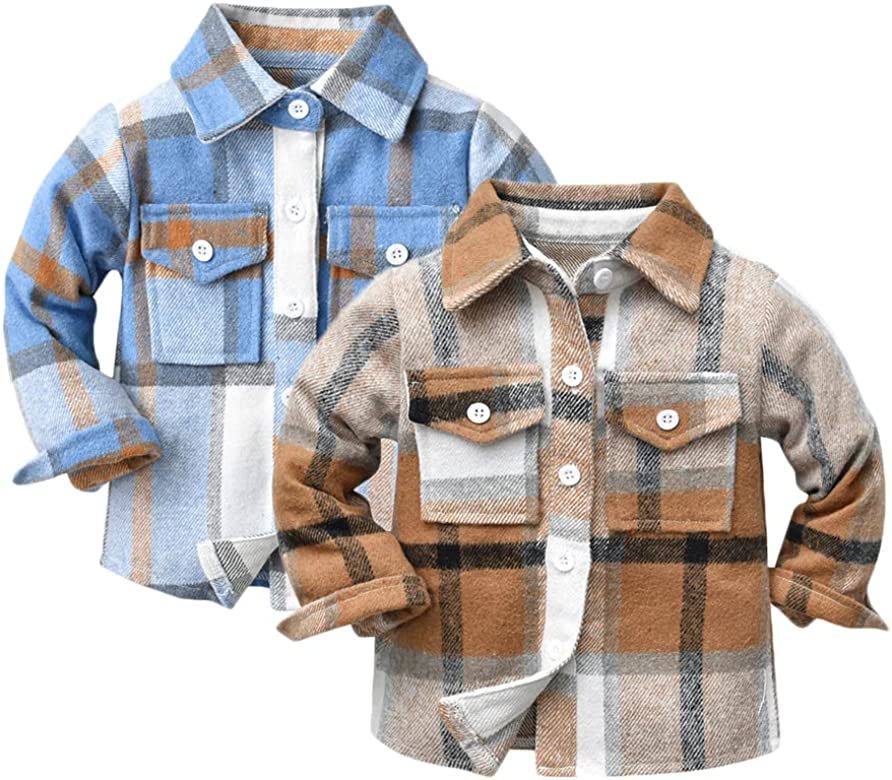 Feidoog Toddler 2 Pack Baby Boys and Girls Plaid Shirts Jacket Long Sleeve Lapel Button Down Shir... | Amazon (US)
