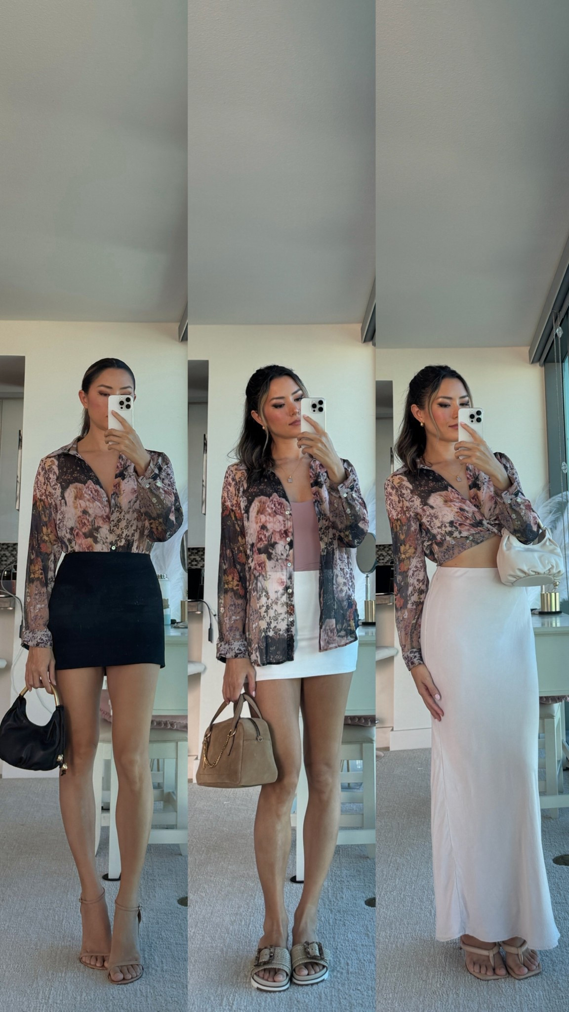 1 top, 3 ways! I adore this beautiful button up shirt, it’s slightly sheer too and I’ve been looking for a new sheer shirt like this for a long time! Wearing size M and it’s under $50

Sizing: black mini skirt is XS, white mini skirt XS, maxi skirt XXS petite, and all my favorite shoes are true to size

#LTKxMadewell 

#LTKFindsUnder50 #LTKStyleTip