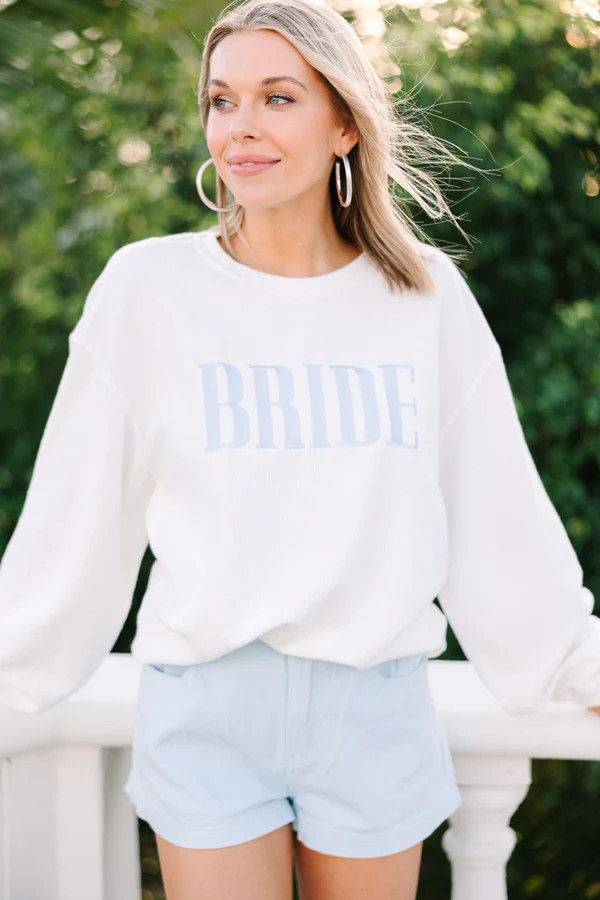 Bride White Light Blue Embroidered Corded Sweatshirt | The Mint Julep Boutique