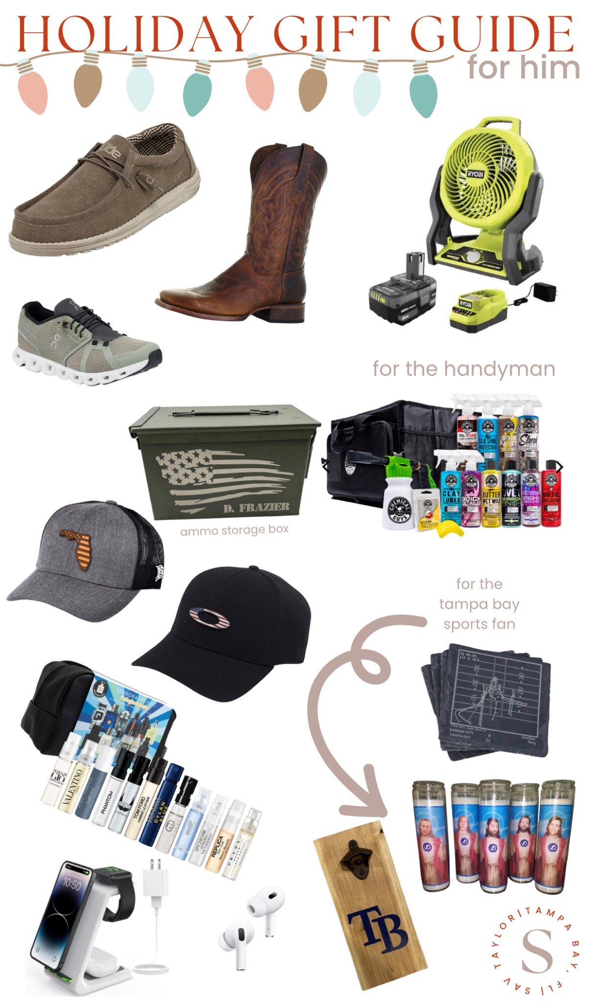 Realistic Gift Guide for Him | Holiday Gift Guide for Men | Sports | DIY Home Improvement | Power tools | Best Cologne | Cowboy boots | Comfy Shoes | Car fanatic | electronic gifts | Tampa | FL. Corral, On, On Cloud, Ryobi, Oakley, HeyDude, Apple, Wireless Charger, Candle

#LTKmens #LTKHoliday #LTKSeasonal