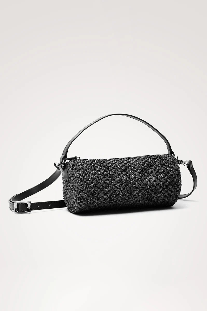 COMO MINI BARREL BAG - BLACK RAFFIA | Rails