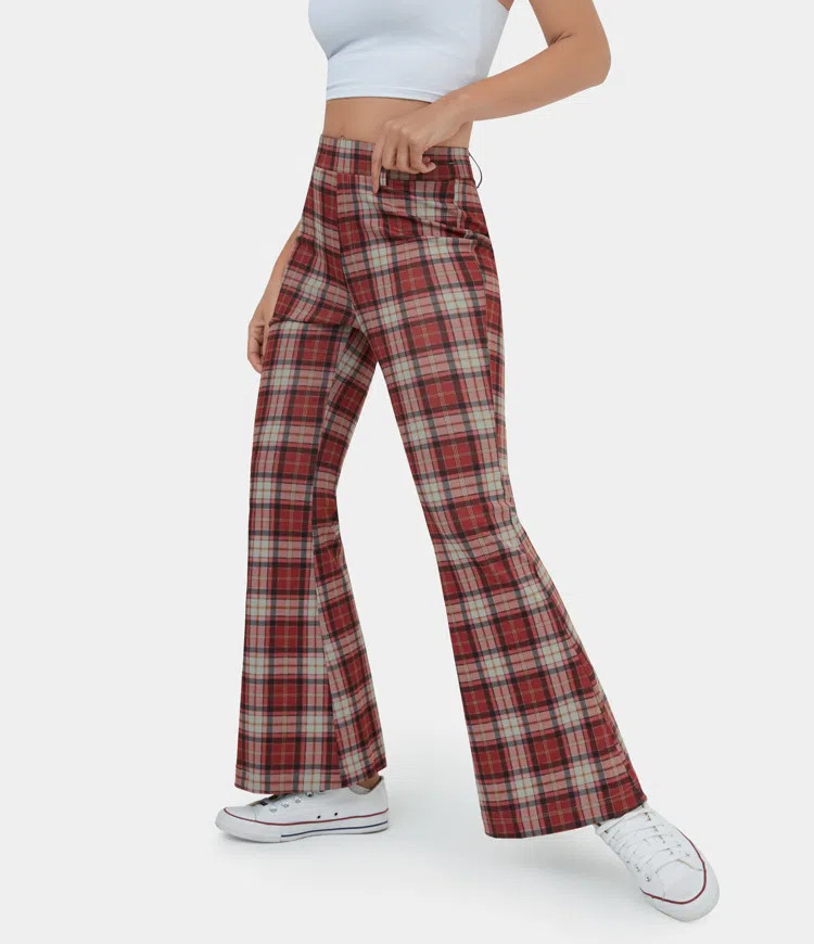 High Waisted Plaid Flare Casual Pants | HALARA