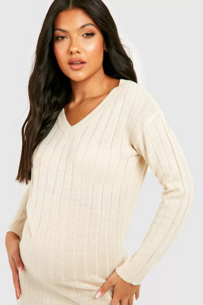 Maternity V Neck Slouchy Knitted Midi Dress | boohoo (US & Canada)